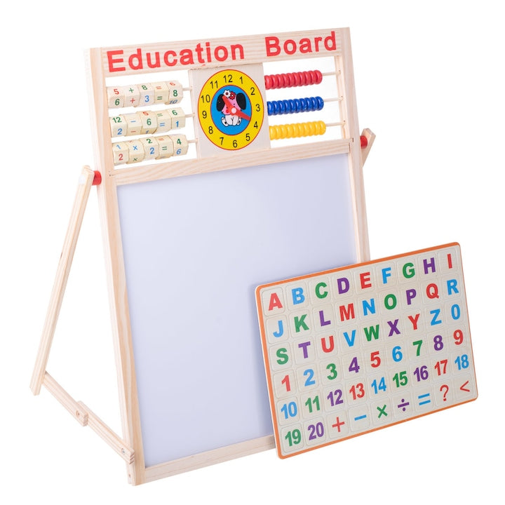 Tabla educationala 5 in 1 cu creta + Abacus + magneti, Lemn, 42 x 32,5 cm, 3 ani+
