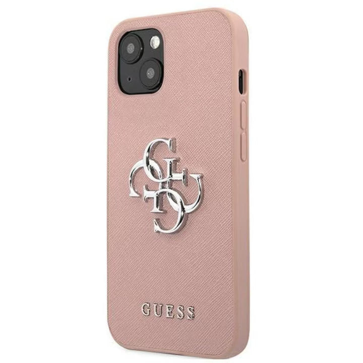 Husa pentru iPhone 13 Mini, Guess, GUHCP13SSA4GSPI, Saffiano 4G Metal Logo Collection, Roz