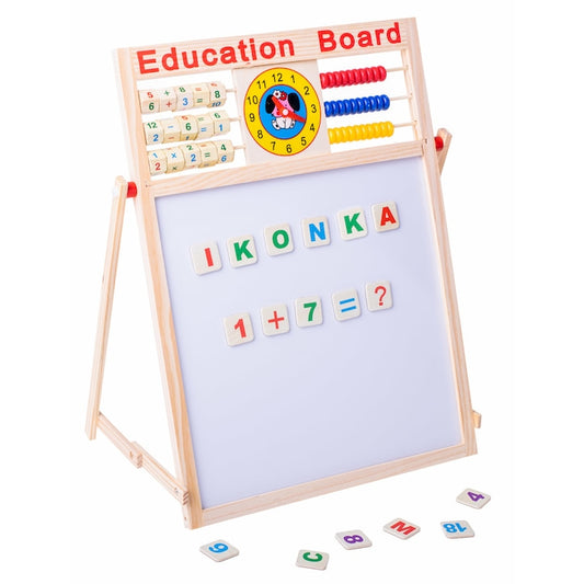 Tabla educationala 5 in 1 cu creta + Abacus + magneti, Lemn, 42 x 32,5 cm, 3 ani+