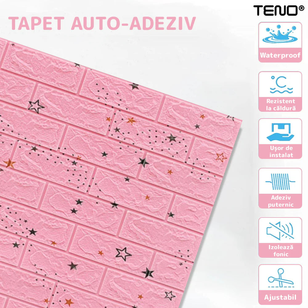 Tapet Caramida 3D autoadeziv, waterproof, 70x77 cm, Roz cu stelute