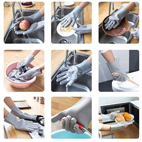 Set 2 manusi pentru bucatarie, cu peri din silicon pentru spalarea vaselor,gri