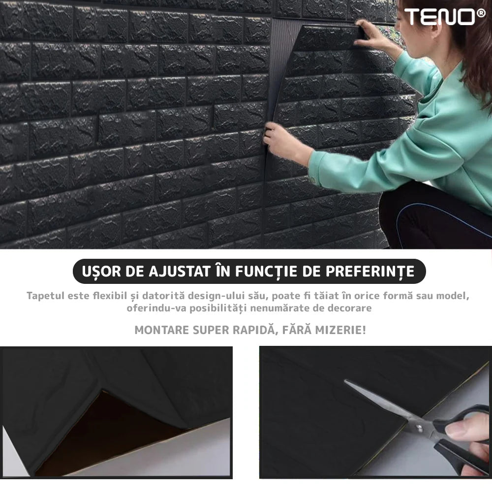 Tapet Caramida 3D autoadeziv, waterproof, 70x77 cm, negru