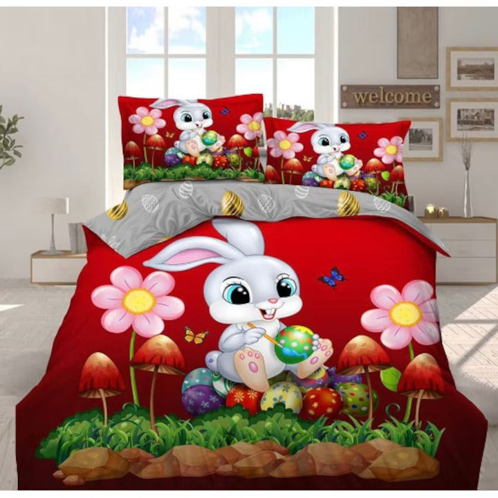 Lenjerie de pat,4 Piese bumbac finet, Tematica de Paste Cu Iepuras 200 x 230 cm