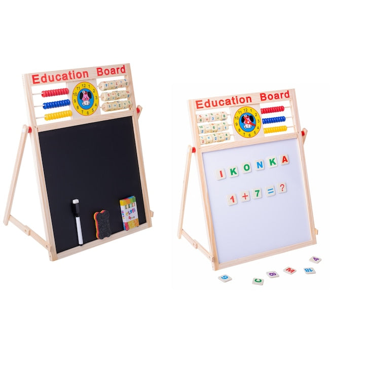 Tabla educationala 5 in 1 cu creta + Abacus + magneti, Lemn, 42 x 32,5 cm, 3 ani+