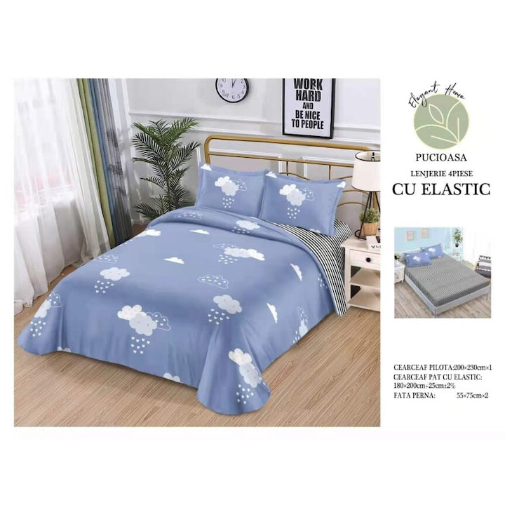 Lenjerie pat dublu 2 fete, 4 piese, 2persoane, 180x200cm, Imprimeu Norisori, Bumbac Satinat, Albastru-Alb
