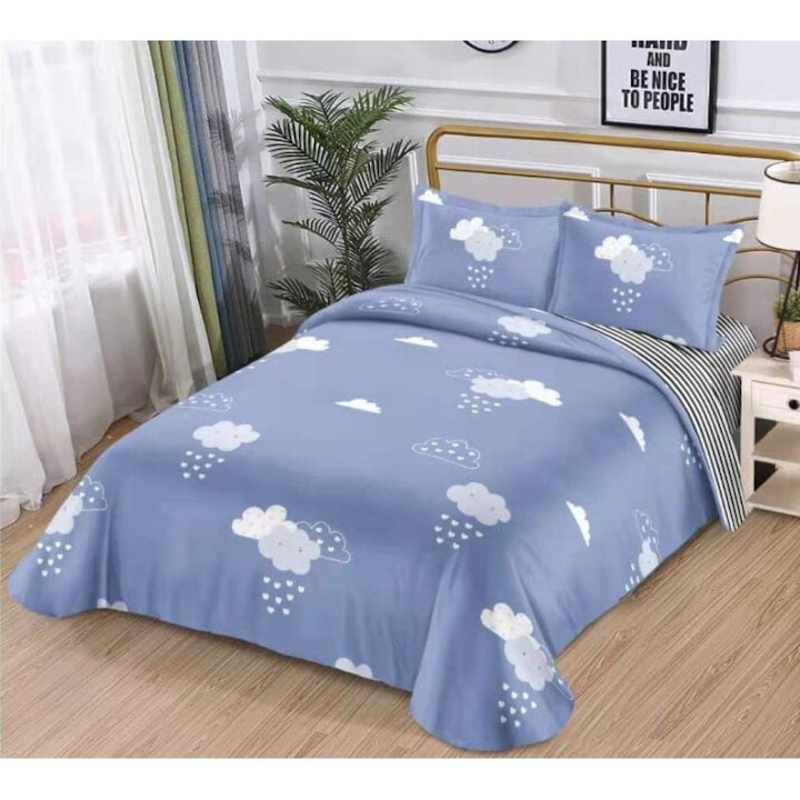 Lenjerie pat dublu 2 fete, 4 piese, 2persoane, 180x200cm, Imprimeu Norisori, Bumbac Satinat, Albastru-Alb