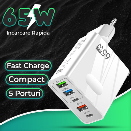 Incarcator Retea, 5 Porturi, 65W Fast Charge, 3 x USB, 2 x Type-C, QC 3.0, Universal Multiport, Compatibil telefon, smartwatch, iPhone, Huawei, Samsung, Xiaomi, Alb