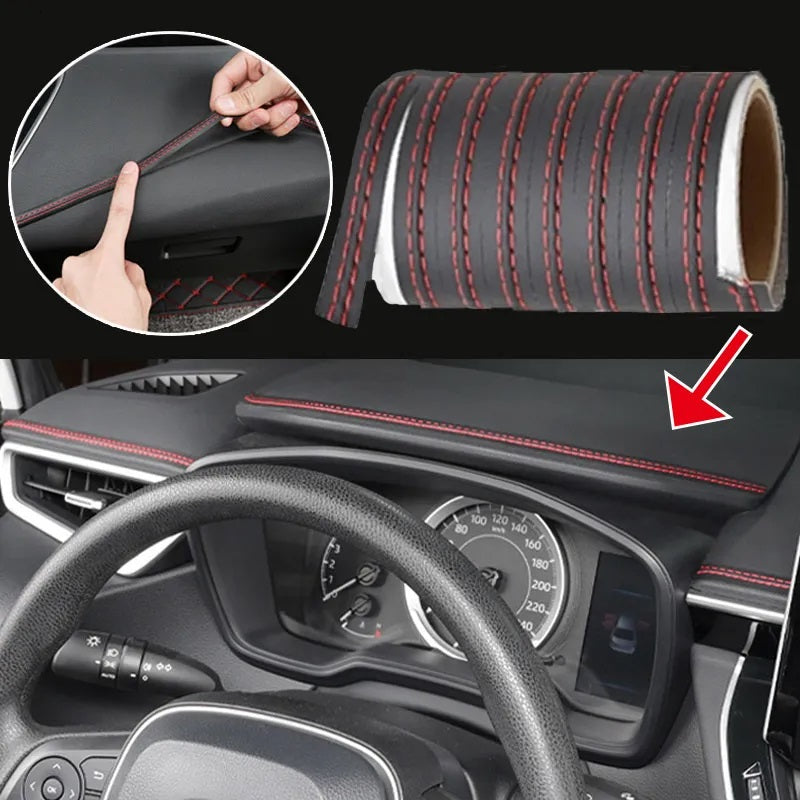 Banda decorativa pentru interiorul vehiculului, lungime 2m, din piele ecologica, culoare Neagra + cusatura Rosie-0