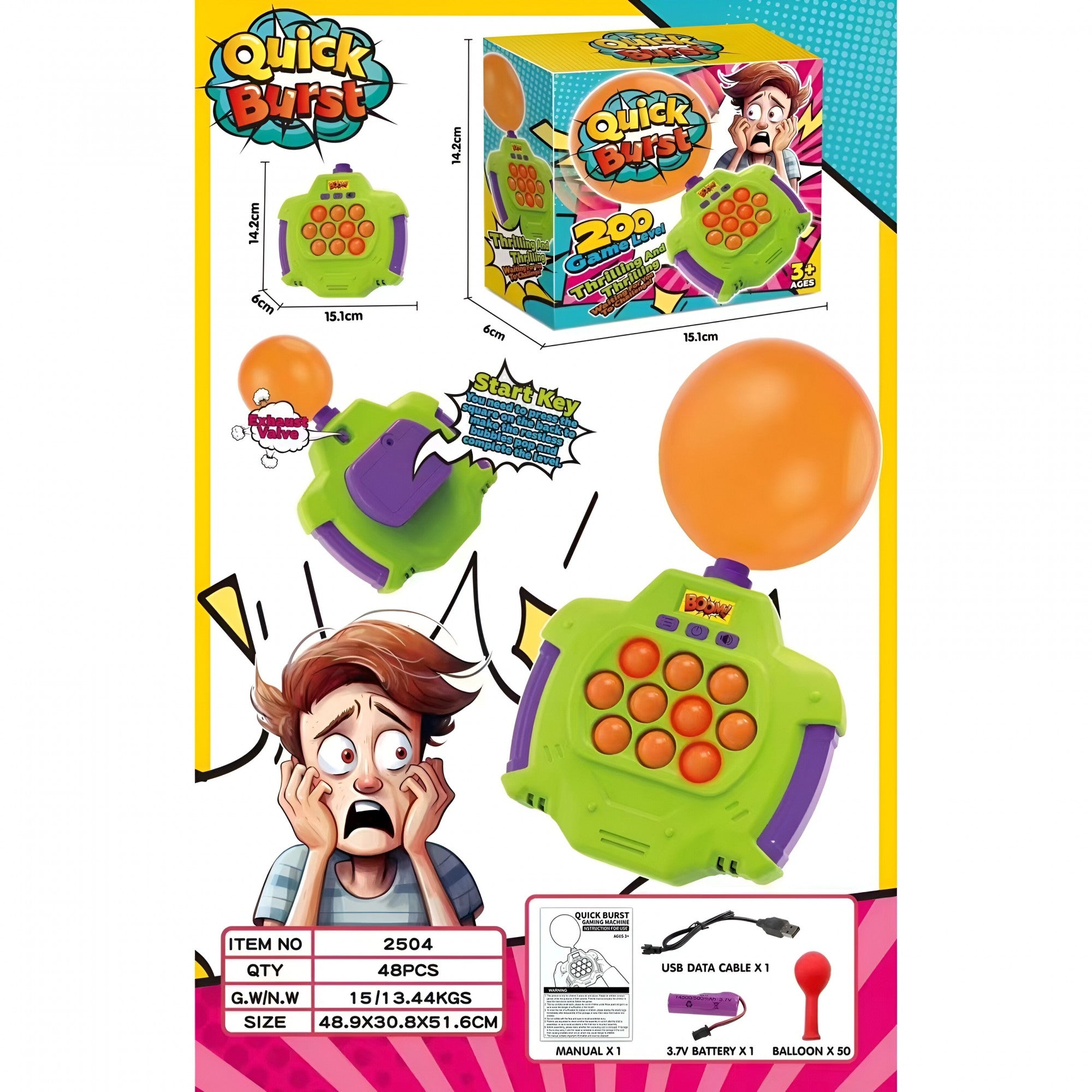 Joc Pop-It Antistres, Flippy, Electronic, 50 de Baloane, Muzica, 2 Moduri de Joc, Nivel Maxim 200, 14.5x13.5x5.7cm, Verde-2