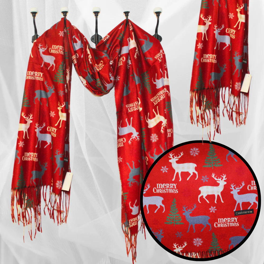 Esarfa Casmir de Crăciun cu Model Reni - Rosu