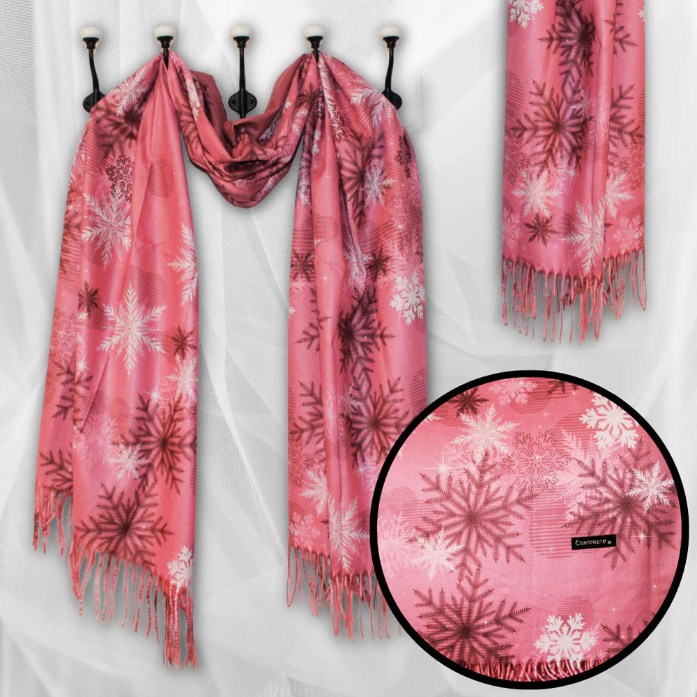 Esarfa Casmir de Crăciun cu Model Fulgi de Zăpadă - Roz