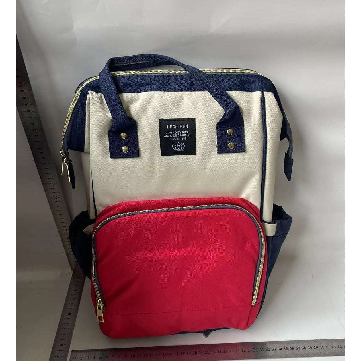 Rucsac Multifunctional pentru Mamici, Flippy, din Panza Oxford, Compartimentare Multipla, Impermeabil, 43 x 18 x 26 cm, Alb/Rosu/Albastru-1