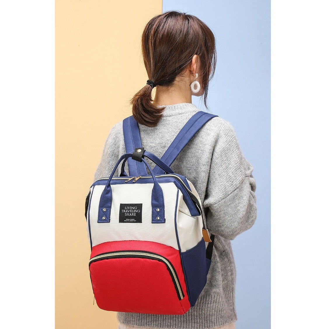 Rucsac Multifunctional pentru Mamici, Flippy, din Panza Oxford, Compartimentare Multipla, Impermeabil, 43 x 18 x 26 cm, Alb/Rosu/Albastru-2