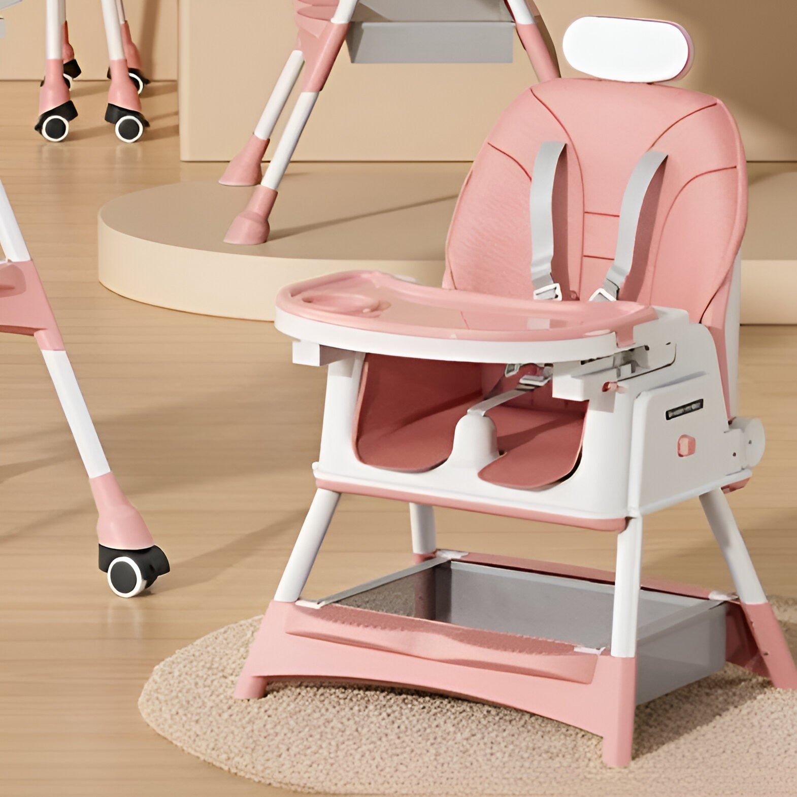Scaun de Masa pentru Bebelusi si Copii Flippy, cu Roti, cu Tetiera, Telescopic, Pliabil, Masuta Reglabila, Suport Picioare, Scaun cu Invelis Piele Artificiala, Centura Siguranta, Spatiu Depozitare, 97 x 73 x 65 cm, Roz-3