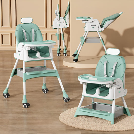 Scaun de Masa pentru Bebelusi si Copii Flippy, cu Roti, cu Tetiera, Telescopic, Pliabil, Masuta Reglabila, Suport Picioare, Scaun cu Invelis Piele Artificiala, Centura Siguranta, Spatiu Depozitare, 97 x 73 x 65 cm, Albastru-1