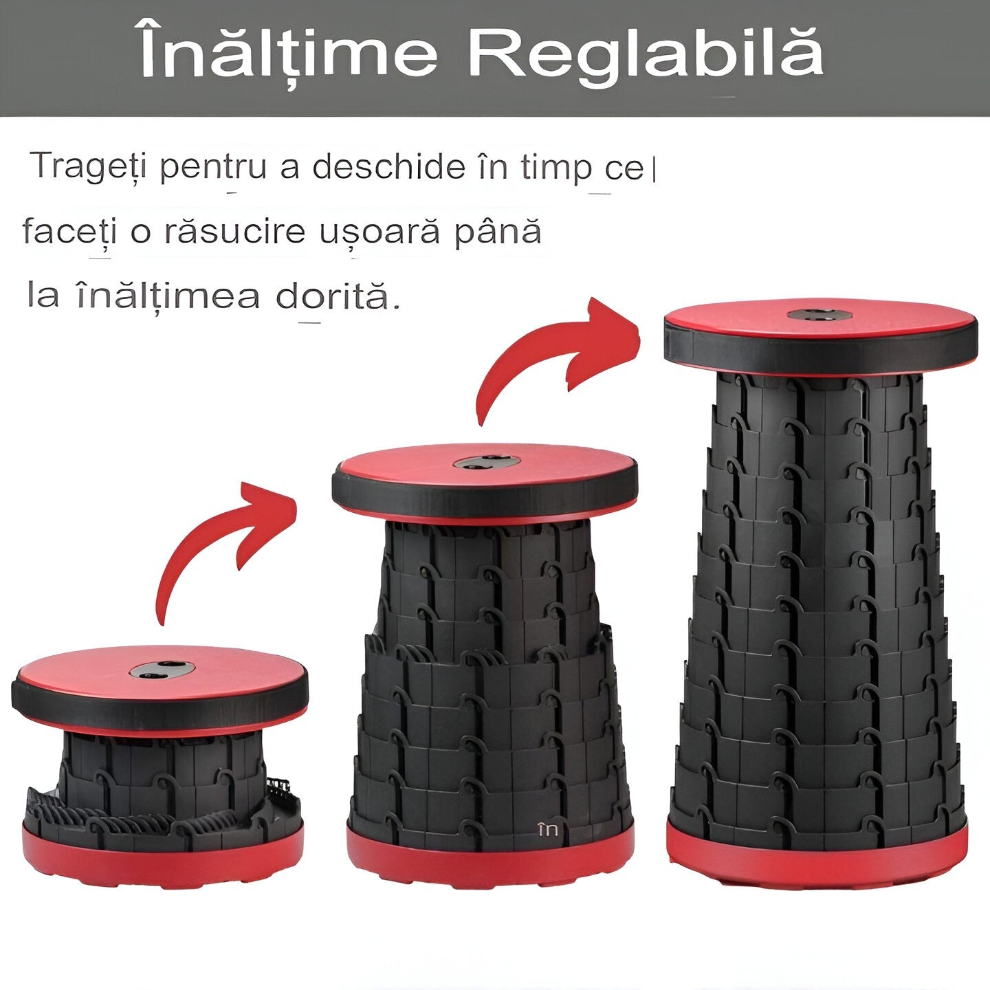 Scaun Telescopic Pliabil pentru Camping si Pescuit, Flippy, Portabil, Universal, Sustine 150 kg, ABS, Diametru 25 cm, Extensibil, Inaltime 45 cm, Rosu-Negru-3