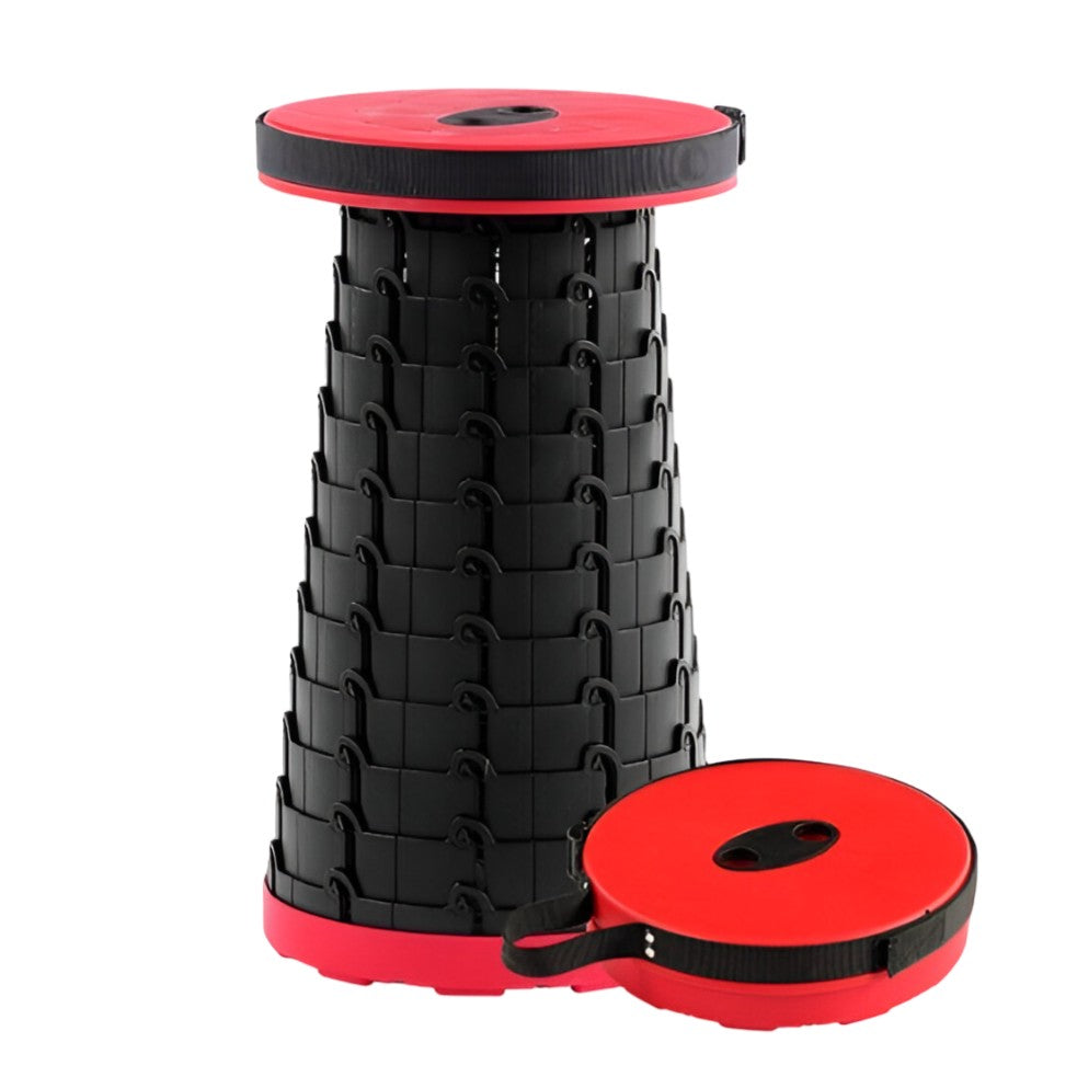 Scaun Telescopic Pliabil pentru Camping si Pescuit, Flippy, Portabil, Universal, Sustine 150 kg, ABS, Diametru 25 cm, Extensibil, Inaltime 45 cm, Rosu-Negru-0