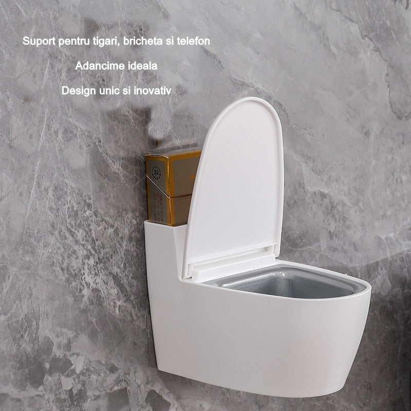 Scrumiera creativa Flippy, Forma de Toaleta, Capac Alb , Material ABS si Otel Inoxidabil, 12.5 x 9.8 x 8.4 cm, Fixare prin Lipire sau De Sine Statator, pentru Baie, Camera, Bucatarie, Balcon, Alb-4