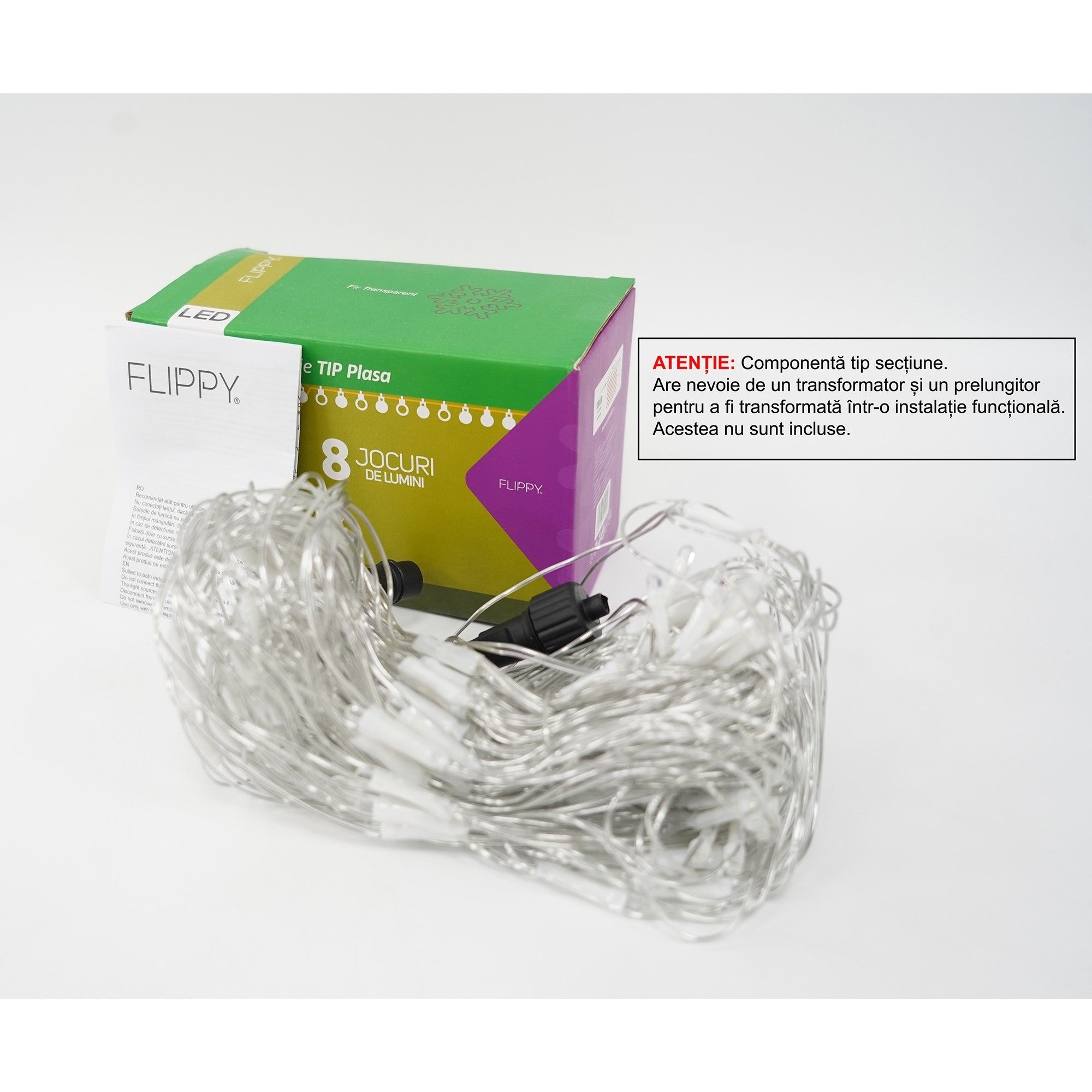 Sectiune Instalatie de Craciun Flippy, Tip Plasa, 120 LED-uri, 1.5 x 1.5 m, 8 jocuri de lumini, Interconectabila, Fir transparent, Alb rece-0