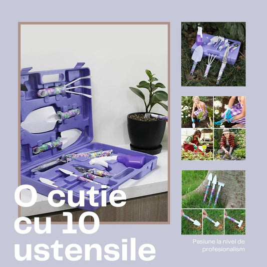 Set 10 accesorii pentru gradinarit Flippy, geanta depozitare inclusa, otel inoxidabil, 37 x 28 cm, mov-1