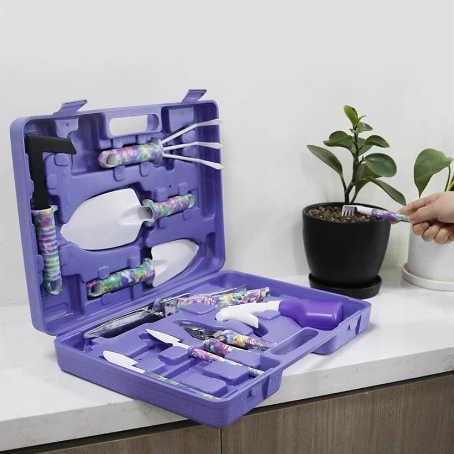 Set 10 accesorii pentru gradinarit Flippy, geanta depozitare inclusa, otel inoxidabil, 37 x 28 cm, mov-2