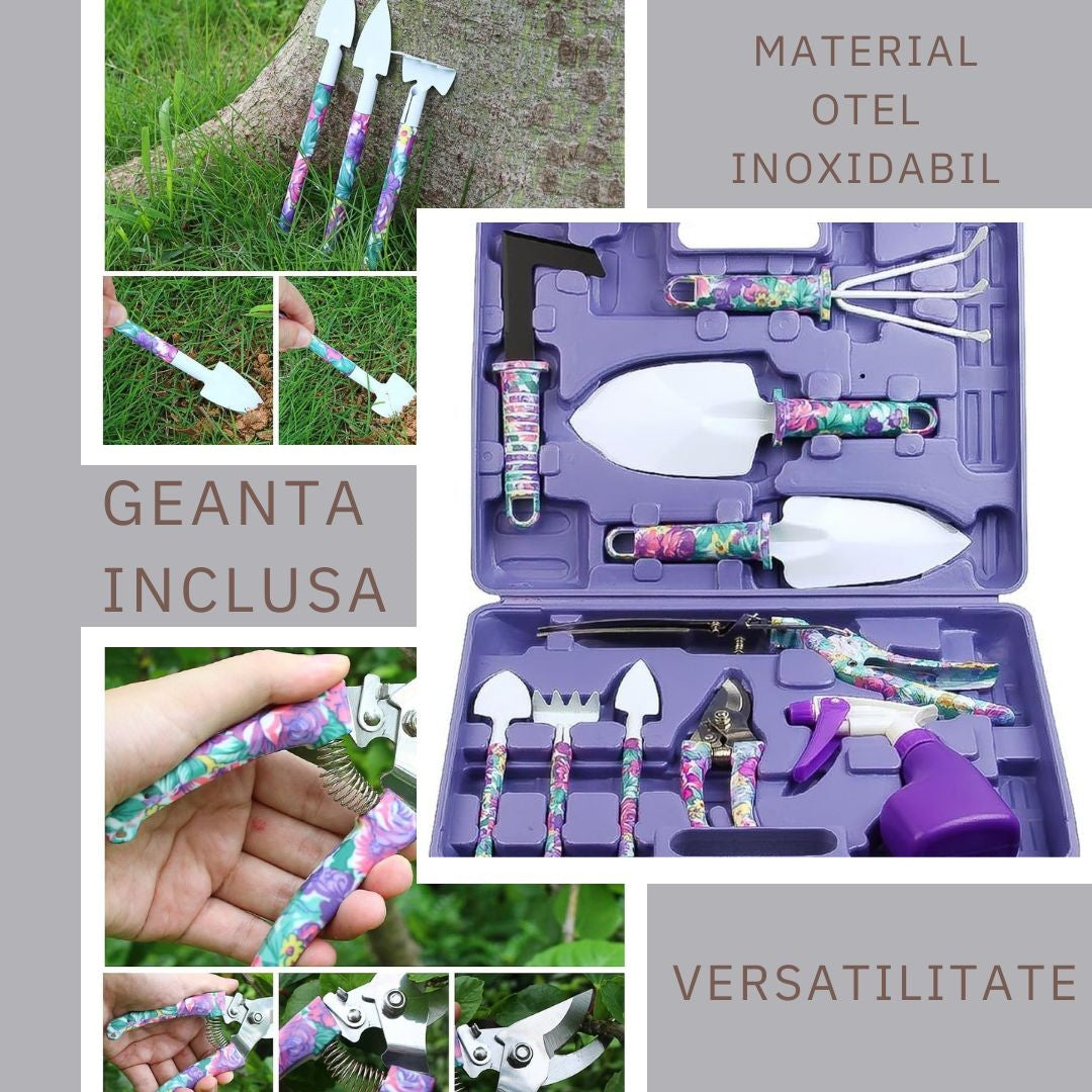 Set 10 accesorii pentru gradinarit Flippy, geanta depozitare inclusa, otel inoxidabil, 37 x 28 cm, mov-4