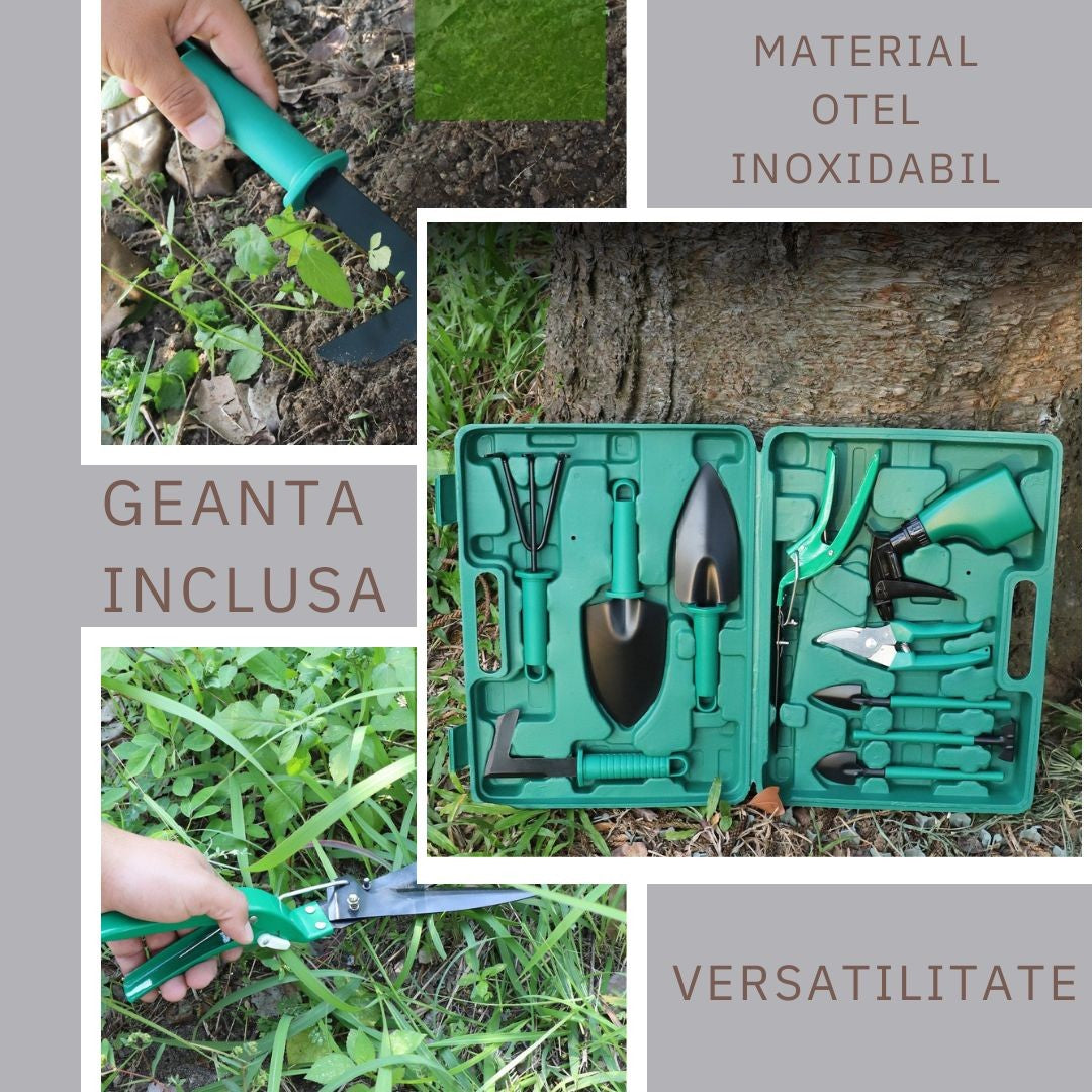 Set 10 accesorii pentru gradinarit Flippy, geanta depozitare inclusa, otel inoxidabil, 37 x 28 cm, verde-1
