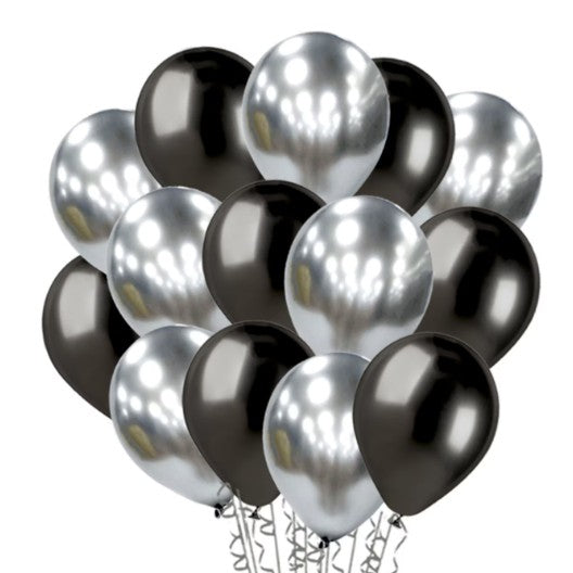 Set 10 Baloane din Latex Chrome, Flippy, Model Party, 23 cm, Negru Argintiu, 2.2 g-0