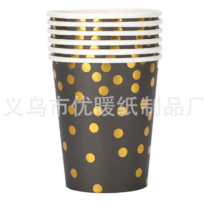 Set 10 pahare de carton, model buline aurii, 250ml, negru-0
