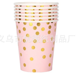 Set 10 pahare de carton, model buline aurii, 250ml, roz-0