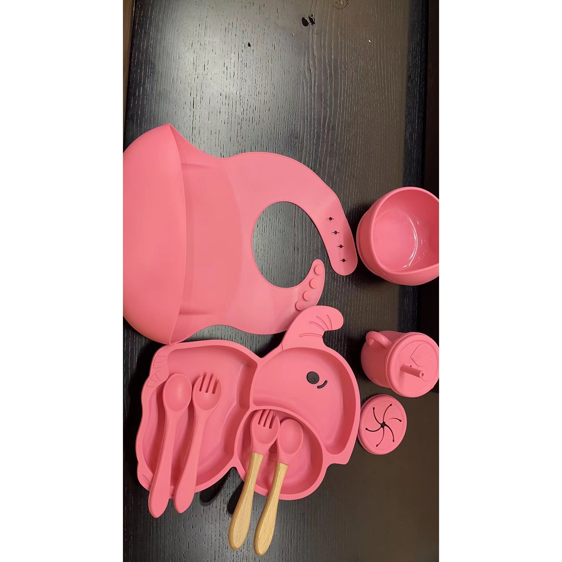 Set 10 Piese Diversificare Bebelusi si Copii din Silicon Flippy, Baveta, Farfurie Compartimentata cu Ventuza, Bol cu Ventuza, Tacamuri din Lemn si Silicon, Cana pentru Gustari, fara Alergeni, Model Elefant Rosu-0