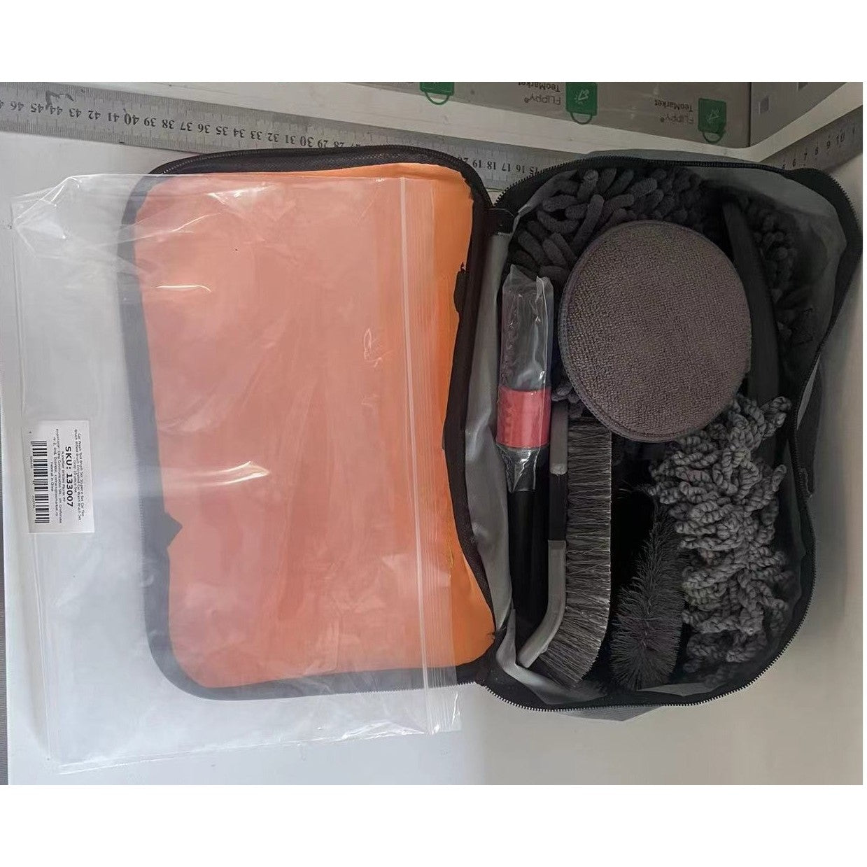 Set 10 Piese pentru Spalat Auto, Flippy, din Plastic si Microfibra, Perii si Lavete, Model C, Gri-6