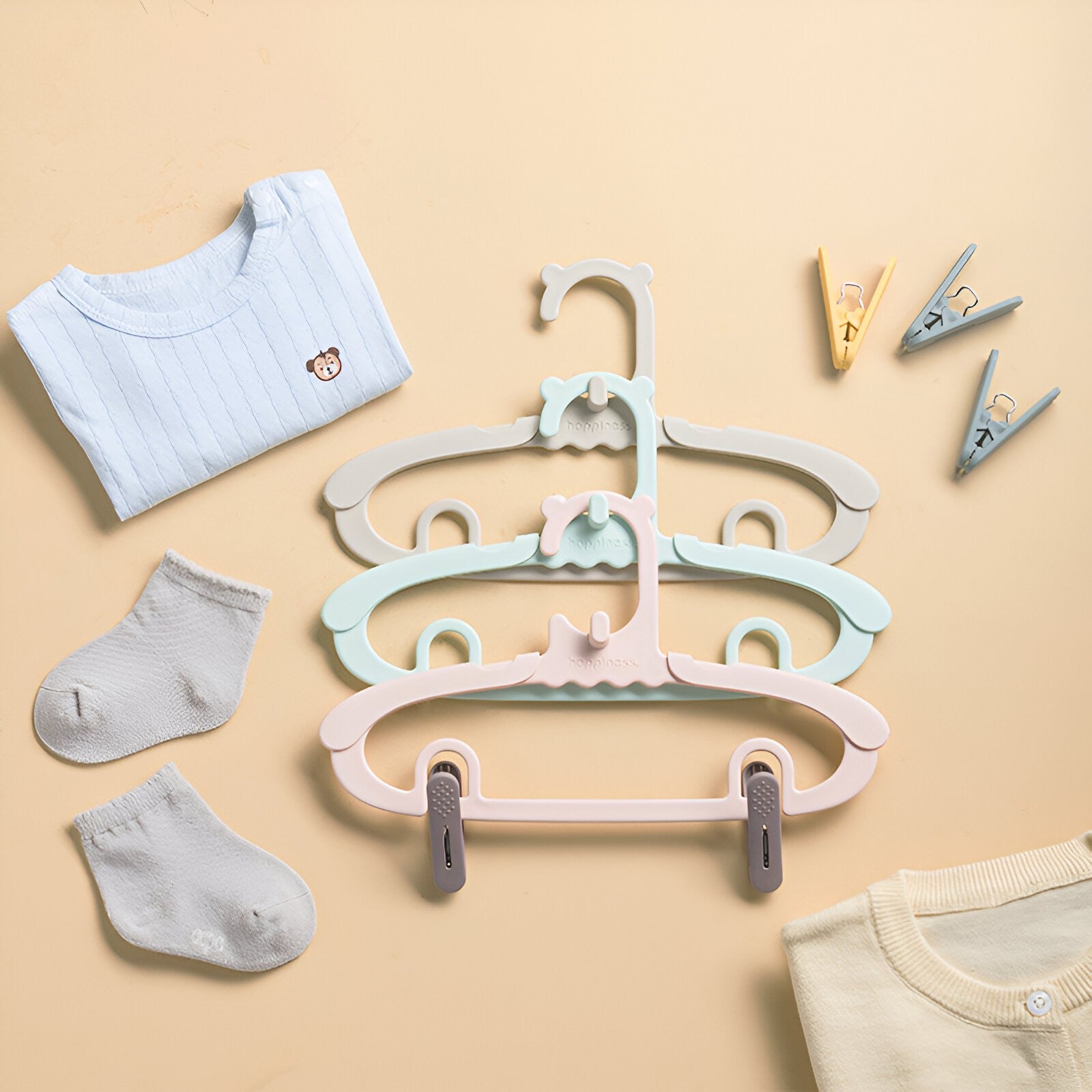 Set 10 Umerase pentru Copii, Flippy, Potrivite pentru Uscarea si Depozitarea Hainelor de Bebelusi, 28x16.7 cm, Crem-4