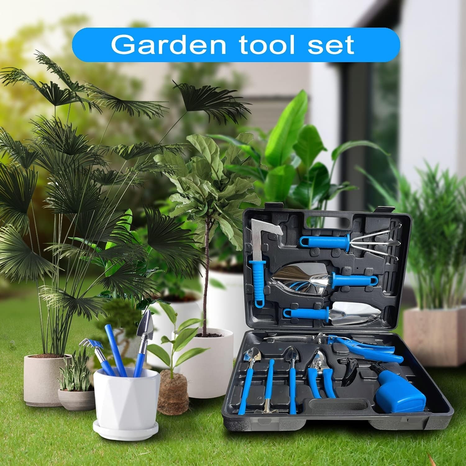 Set 10 Unelte de Gradina, Flippy, pentru Plantare Prelucrare Sol si Ingrijire Plante, Manere Albastre, Material PVC si Otel Inoxidabil, Cutie Inclusa, 37x28x7 cm, Negru-1