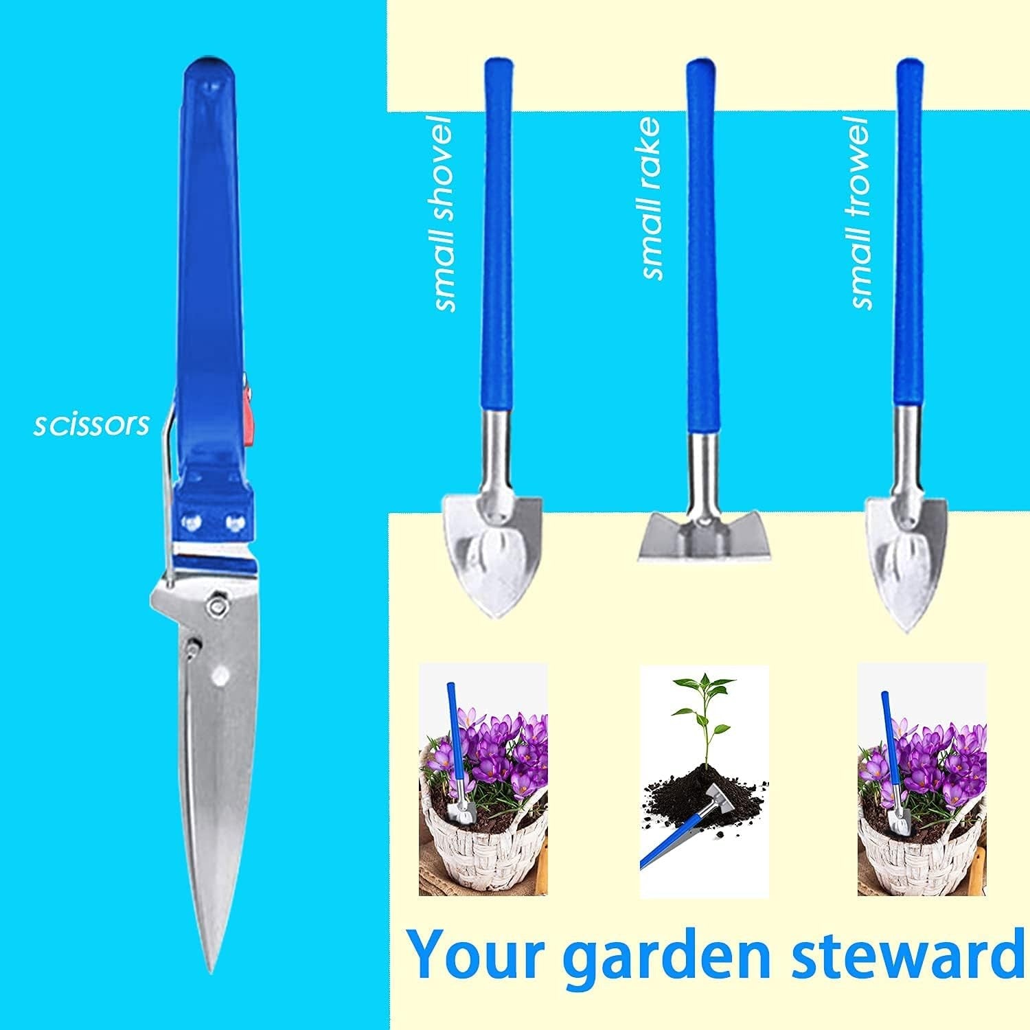 Set 10 Unelte de Gradina, Flippy, pentru Plantare Prelucrare Sol si Ingrijire Plante, Manere Albastre, Material PVC si Otel Inoxidabil, Cutie Inclusa, 37x28x7 cm, Negru-2