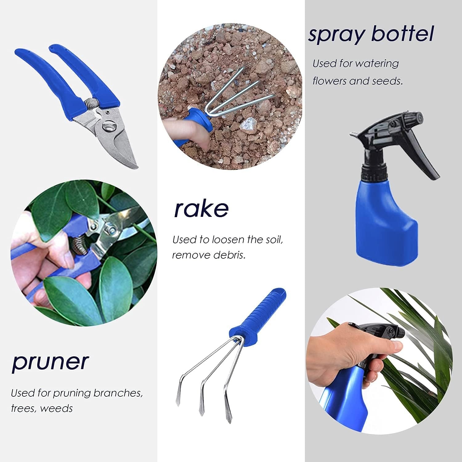 Set 10 Unelte de Gradina, Flippy, pentru Plantare Prelucrare Sol si Ingrijire Plante, Manere Albastre, Material PVC si Otel Inoxidabil, Cutie Inclusa, 37x28x7 cm, Negru-3