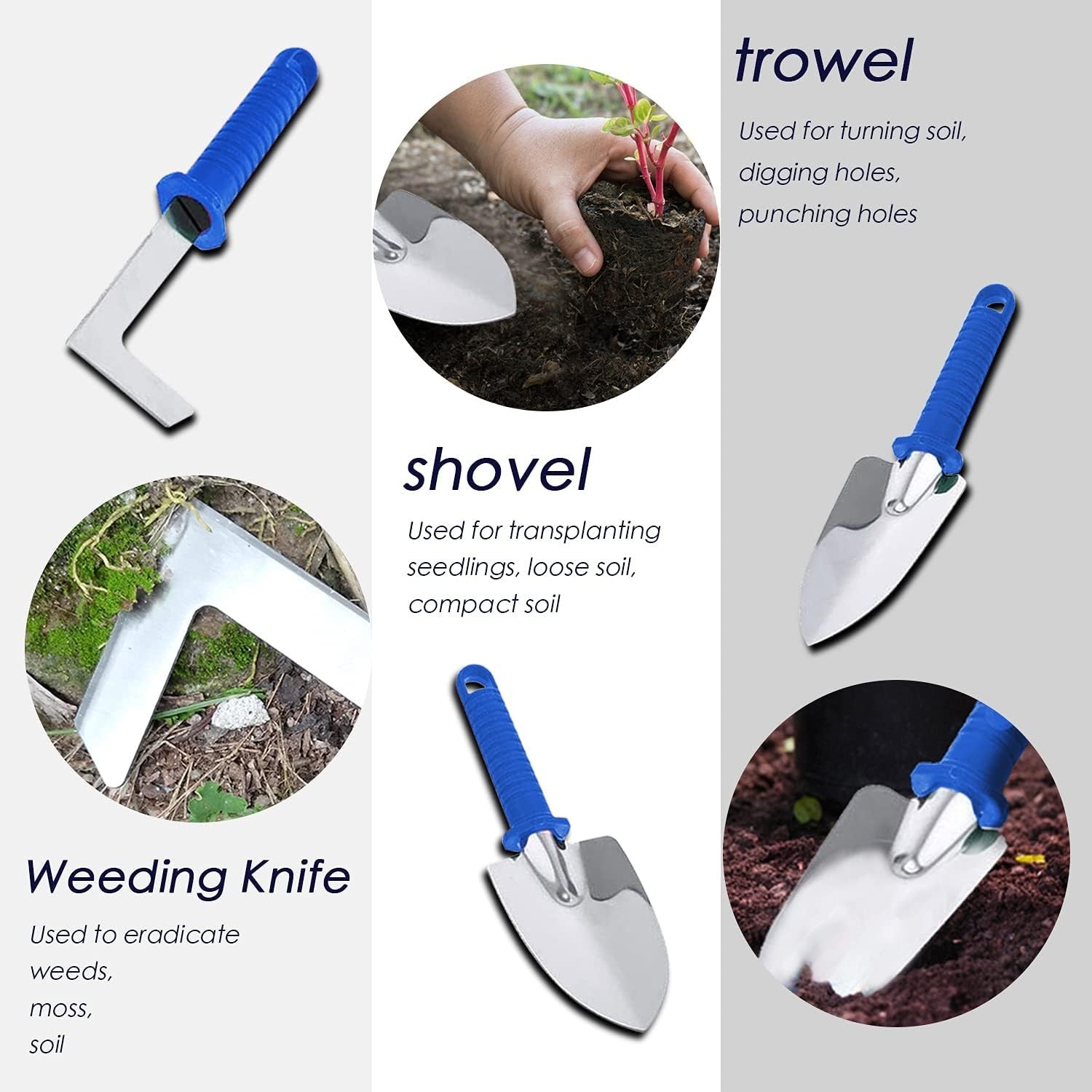 Set 10 Unelte de Gradina, Flippy, pentru Plantare Prelucrare Sol si Ingrijire Plante, Manere Albastre, Material PVC si Otel Inoxidabil, Cutie Inclusa, 37x28x7 cm, Negru-5