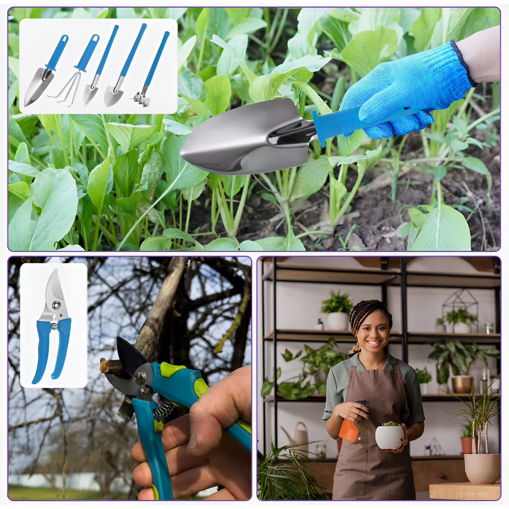 Set 10 Unelte de Gradina, Flippy, pentru Plantare Prelucrare Sol si Ingrijire Plante, Manere Albastre, Material PVC si Otel Inoxidabil, Cutie Inclusa, 37x28x7 cm, Negru-8