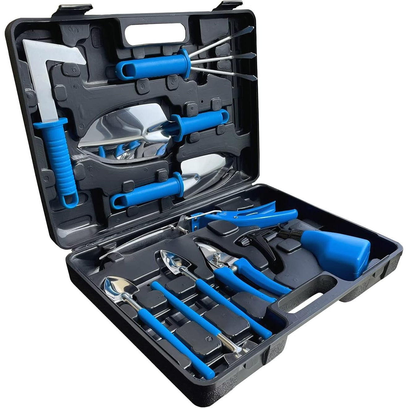 Set 10 Unelte de Gradina, Flippy, pentru Plantare Prelucrare Sol si Ingrijire Plante, Manere Albastre, Material PVC si Otel Inoxidabil, Cutie Inclusa, 37x28x7 cm, Negru-10