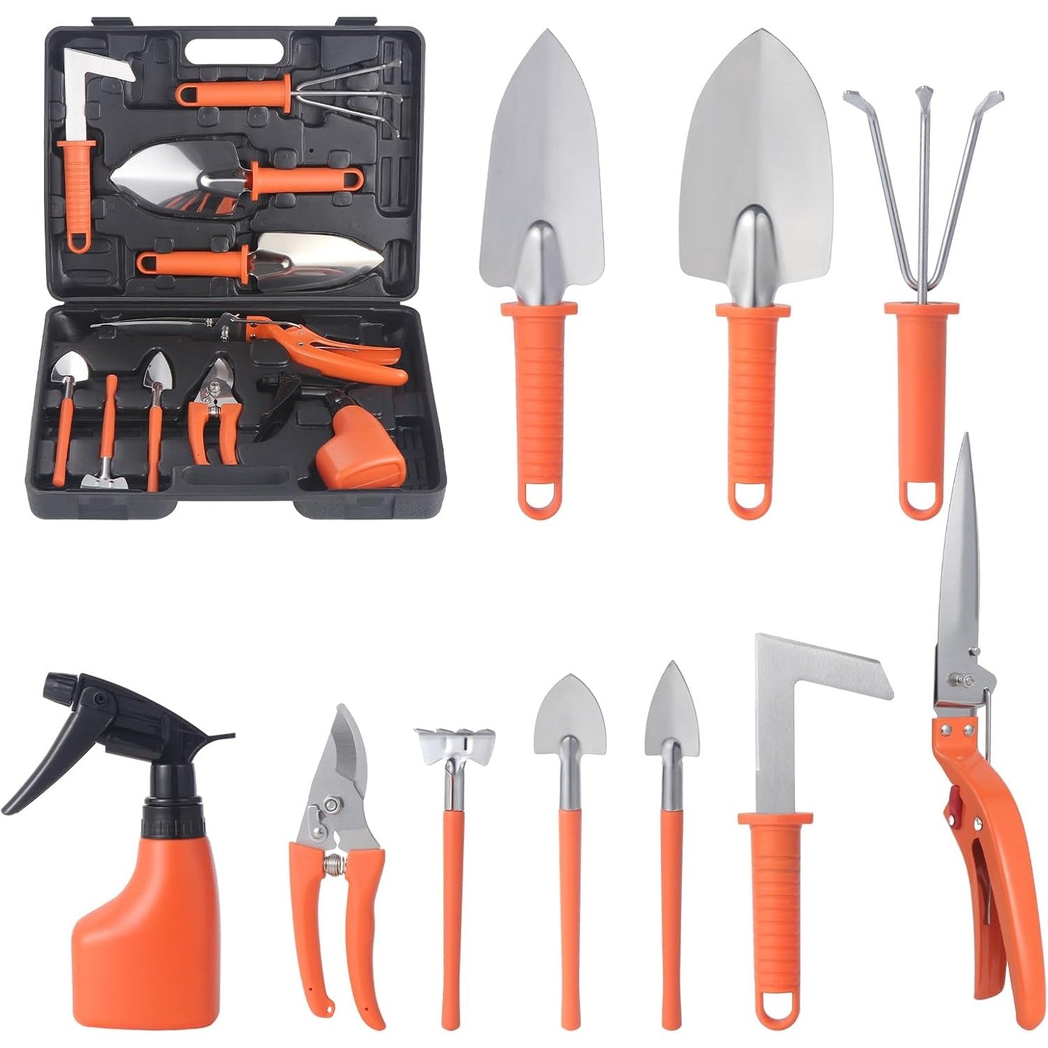 Set 10 Unelte de Gradina, Flippy, pentru Plantare Prelucrare Sol si Ingrijire Plante, Manere Portocalii, Material PVC si Otel Inoxidabil, Cutie Inclusa, 37x28x7 cm, Negru-1