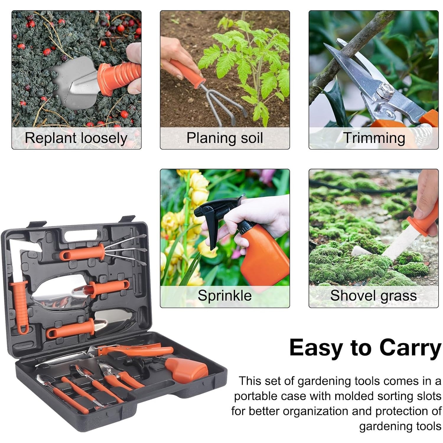 Set 10 Unelte de Gradina, Flippy, pentru Plantare Prelucrare Sol si Ingrijire Plante, Manere Portocalii, Material PVC si Otel Inoxidabil, Cutie Inclusa, 37x28x7 cm, Negru-2