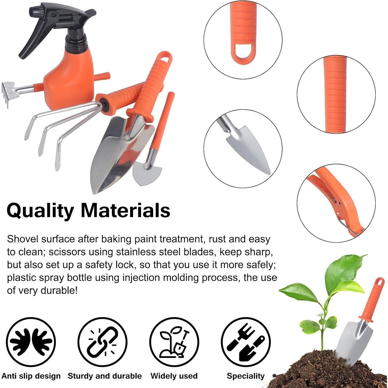 Set 10 Unelte de Gradina, Flippy, pentru Plantare Prelucrare Sol si Ingrijire Plante, Manere Portocalii, Material PVC si Otel Inoxidabil, Cutie Inclusa, 37x28x7 cm, Negru-4