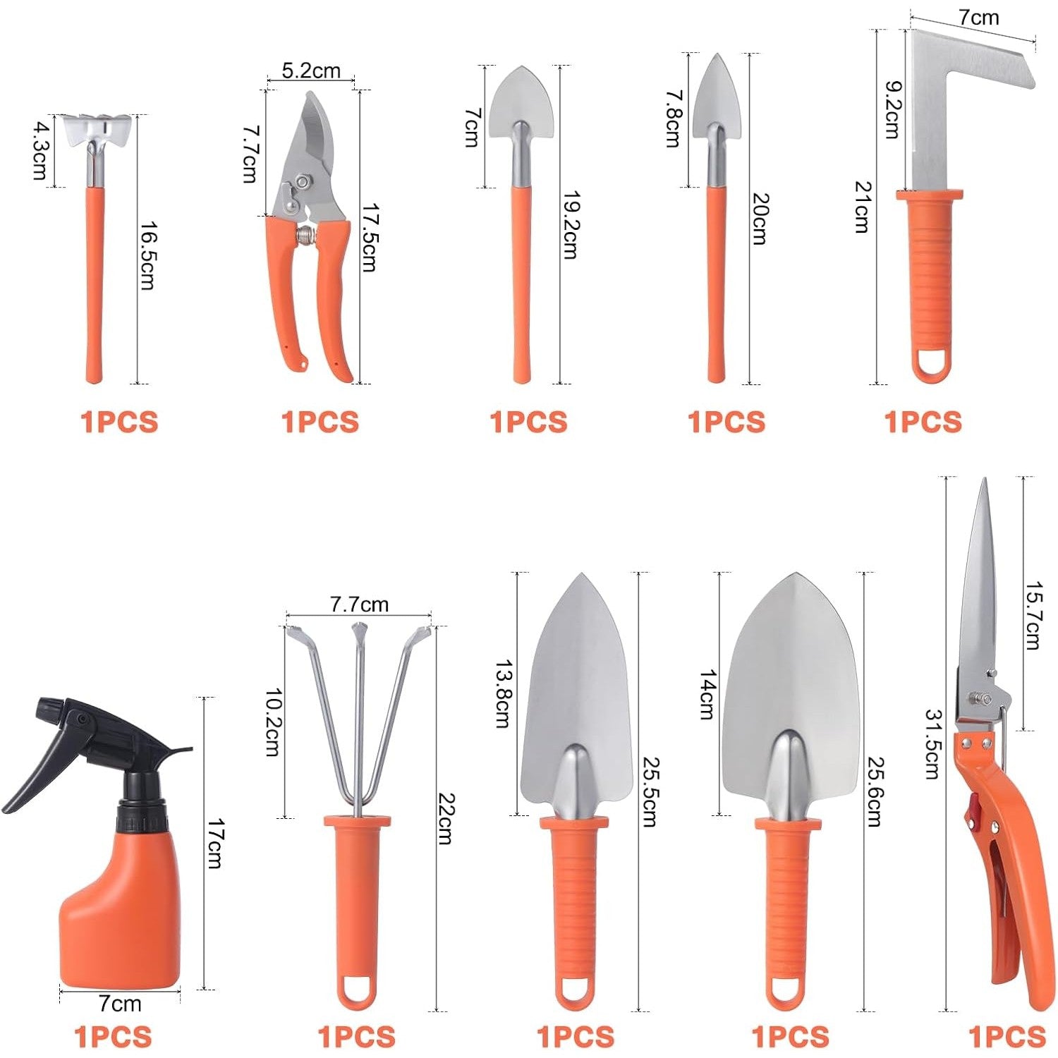 Set 10 Unelte de Gradina, Flippy, pentru Plantare Prelucrare Sol si Ingrijire Plante, Manere Portocalii, Material PVC si Otel Inoxidabil, Cutie Inclusa, 37x28x7 cm, Negru-7