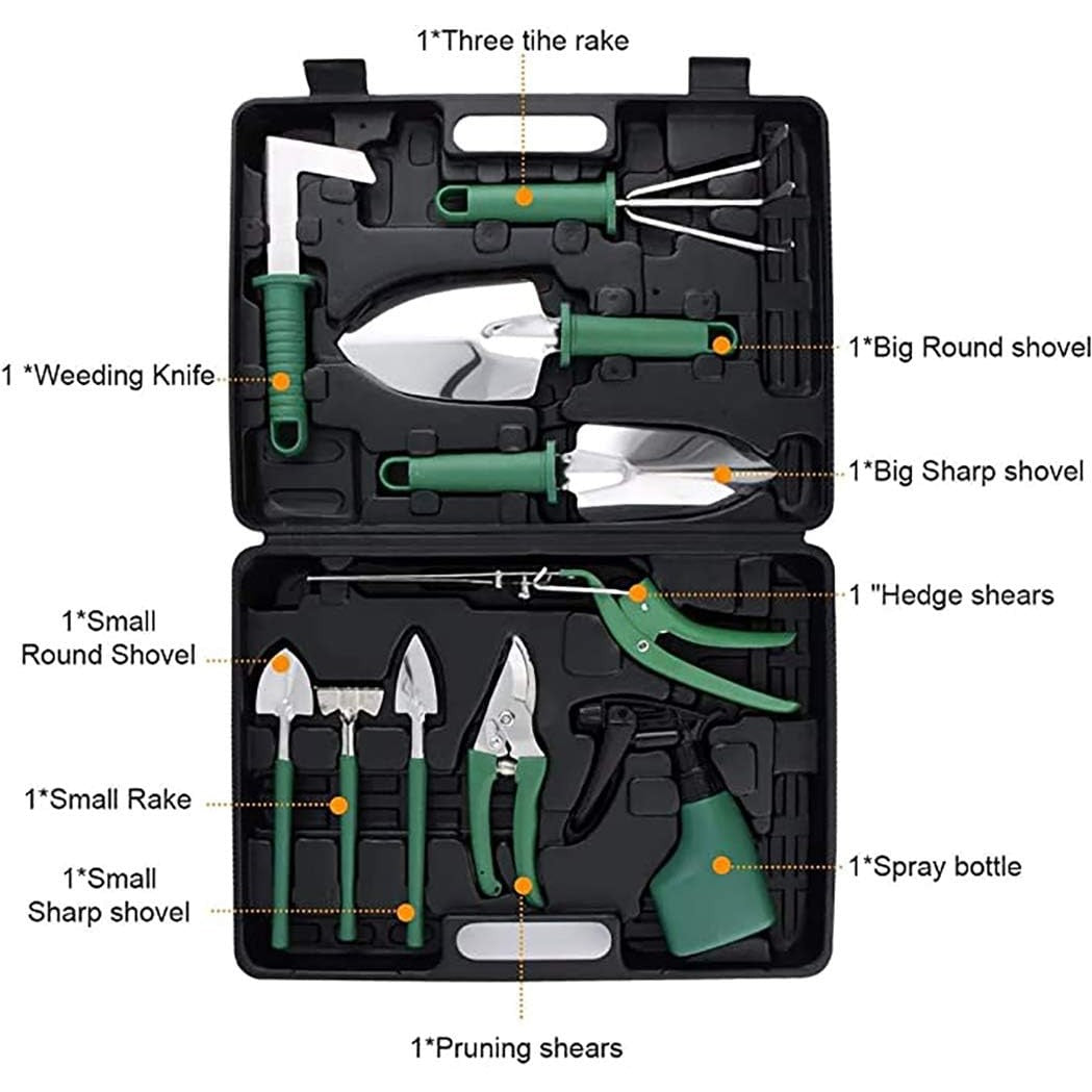 Set 10 Unelte de Gradina, Flippy, pentru Plantare Prelucrare Sol si Ingrijire Plante, Manere Verzi, Material PVC si Otel Inoxidabil, Cutie Inclusa, 37x28x7 cm, Negru-5