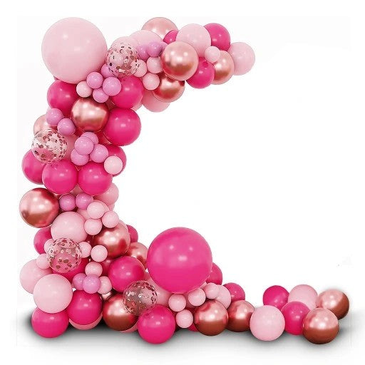 Set 107 Baloane din Latex, Flippy, Model Petrecere pentru Arcada, Baloane Party, 12 cm, 25 cm, 30 cm, 45 cm, Roz, Roz Pal, Gold-0