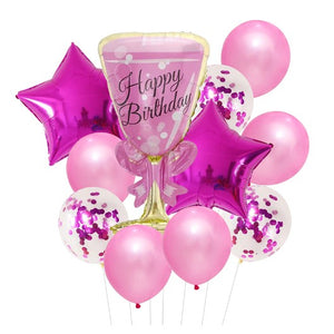 Set 11 baloane Happy Birthday, Balon Pahar 93 cm, 2 baloane stea 45 cm, 5 baloane latex 30 cm, 3 baloane cu paiete 30 cm-0