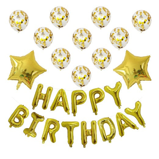 Set 12 Baloane si 1 Set Happy Birthday, 30 -45 cm, Cu paiete, latex si folie, Auriu-0