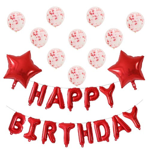 Set 12 Baloane si 1 Set Happy Birthday, 30 -45 cm, Cu paiete, latex si folie, Rosu-0