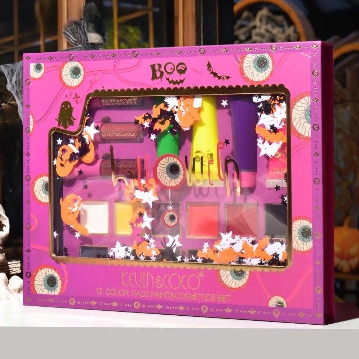 Set Produse de Pictat Fata, KEVIN & COCO, Halloween, 12 culori, 3 Rujuri, 4 Tuburi Vopsea, 25.5 x 20.5 x 2.6 cm, Multicolor-5