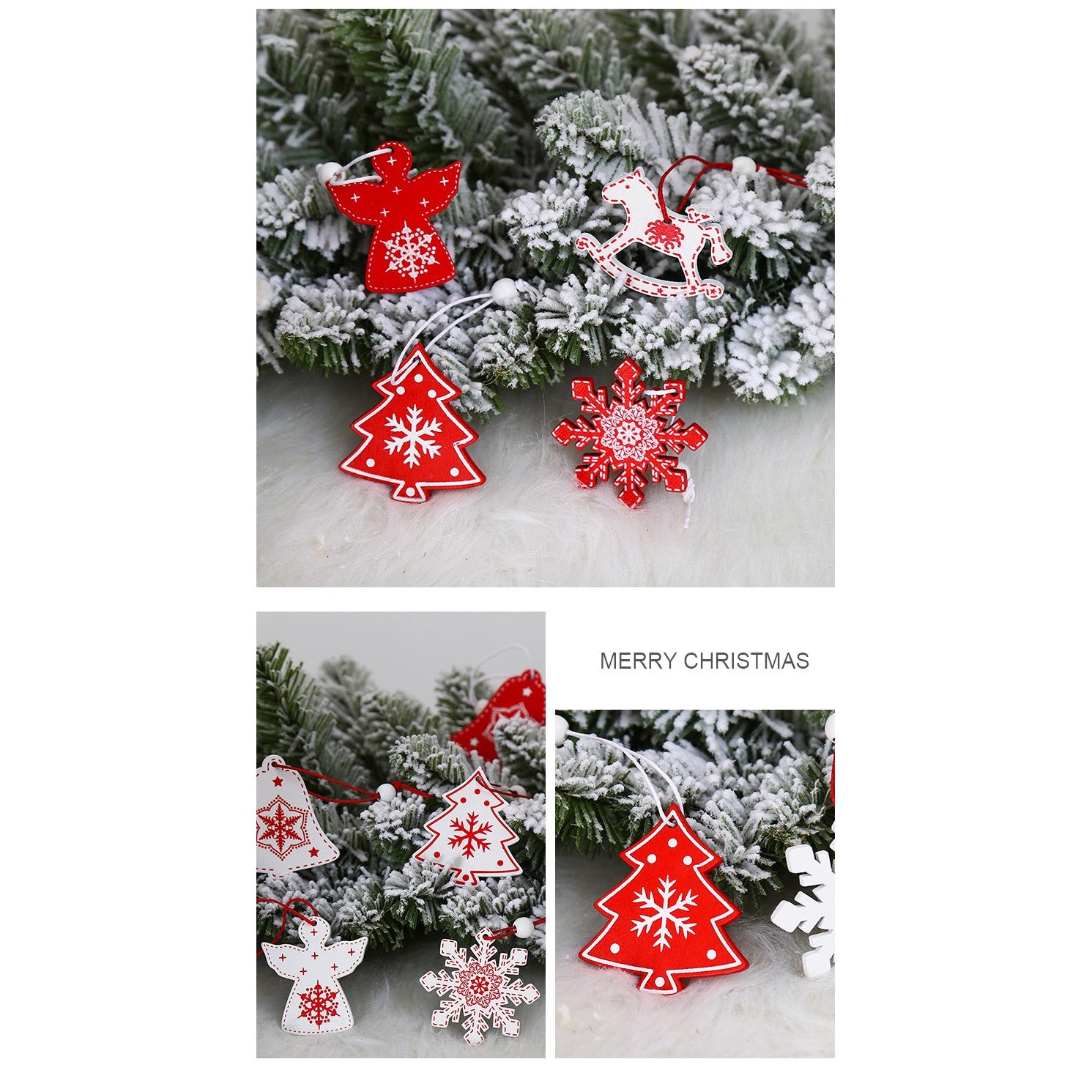 Set 12 Decoratiuni de Craciun din Lemn, Flippy, cu Snur pentru Agatare in Brad, Model Brazi si Fulgi de Nea, Alb-Rosu-1